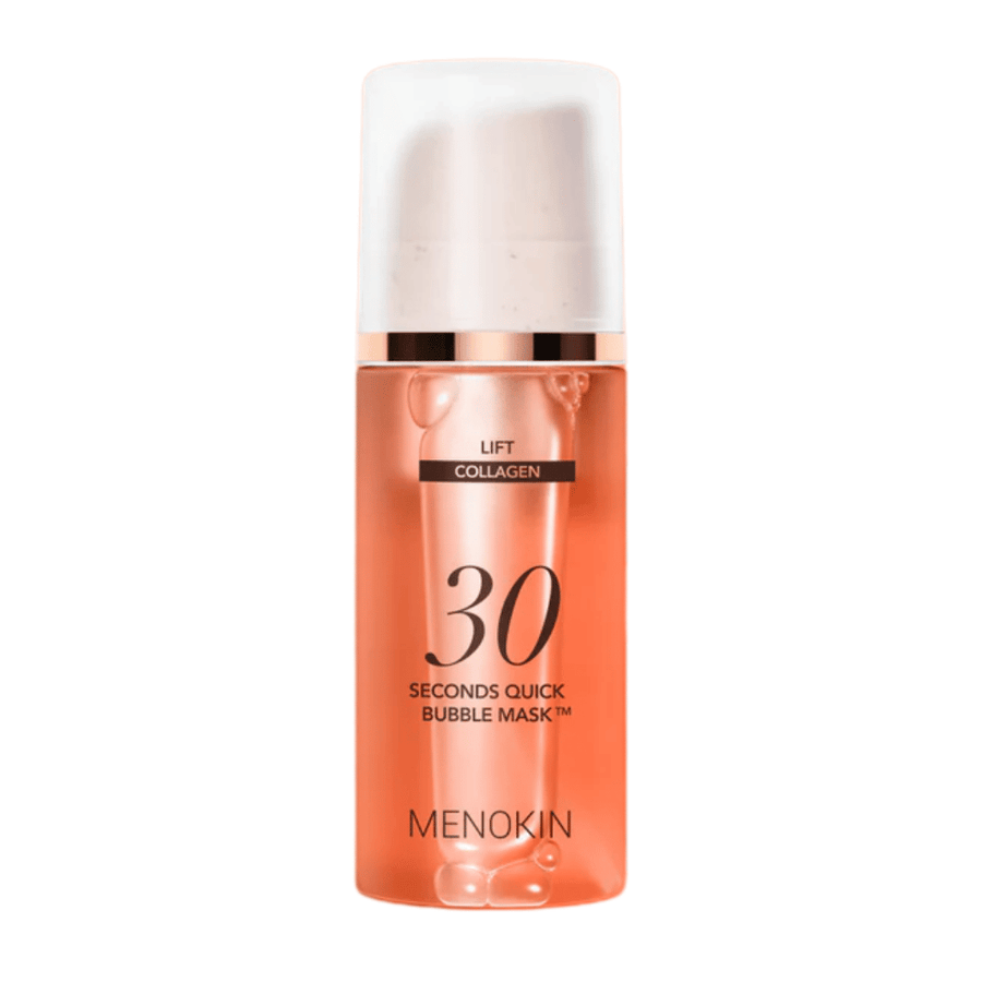 Frilagt produktbillede af MENOKIN LIFT 30 Seconds Quick Bubble Mask, som tydeligt viser det stilrene orange design og pumpeemballagen.
