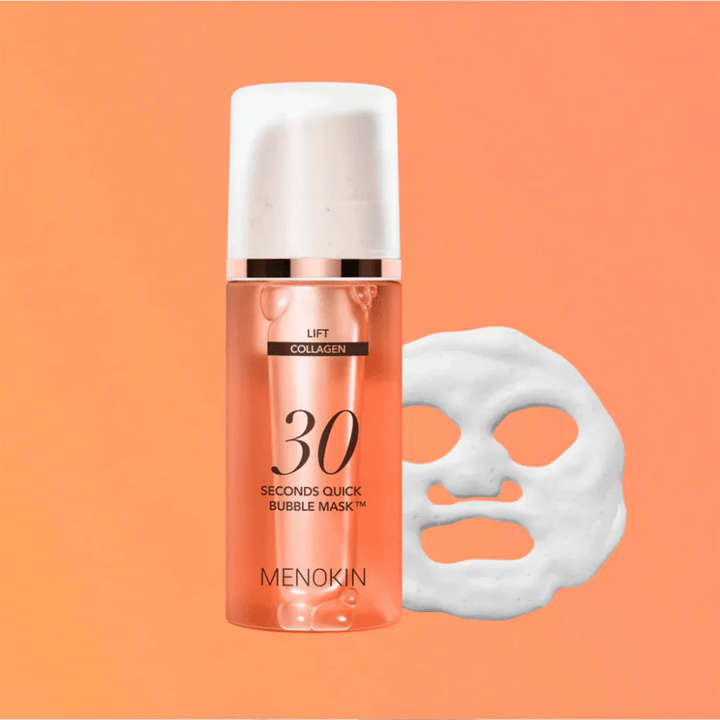Produktbillede af MENOKIN LIFT 30 Seconds Quick Bubble Mask med orange baggrund og skummaske-form, som symboliserer en hurtig og effektiv ansigtsmaske på kun 30 sekunder.