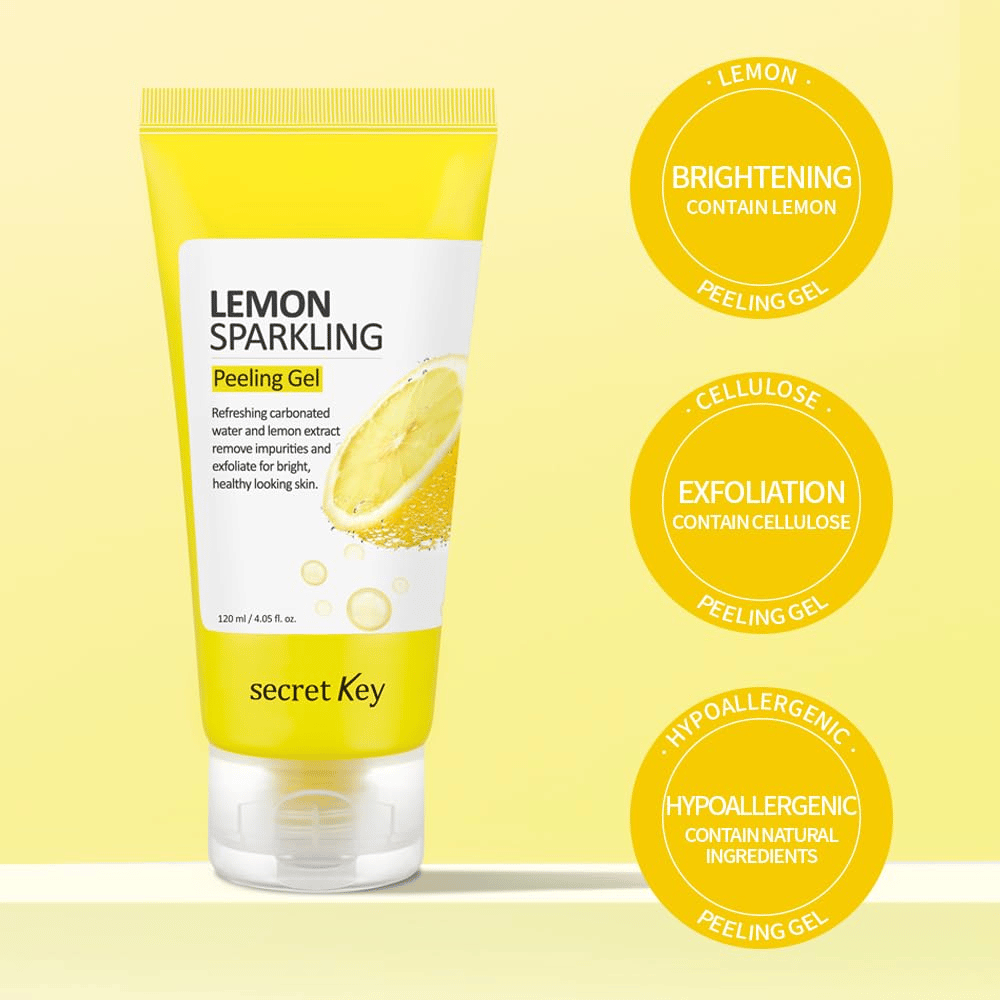 Secret Key Lemon Sparkling Peeling Gel – indeholder citron og cellulose til eksfoliering, glans og blødere hud, skånsom mod følsom hud.