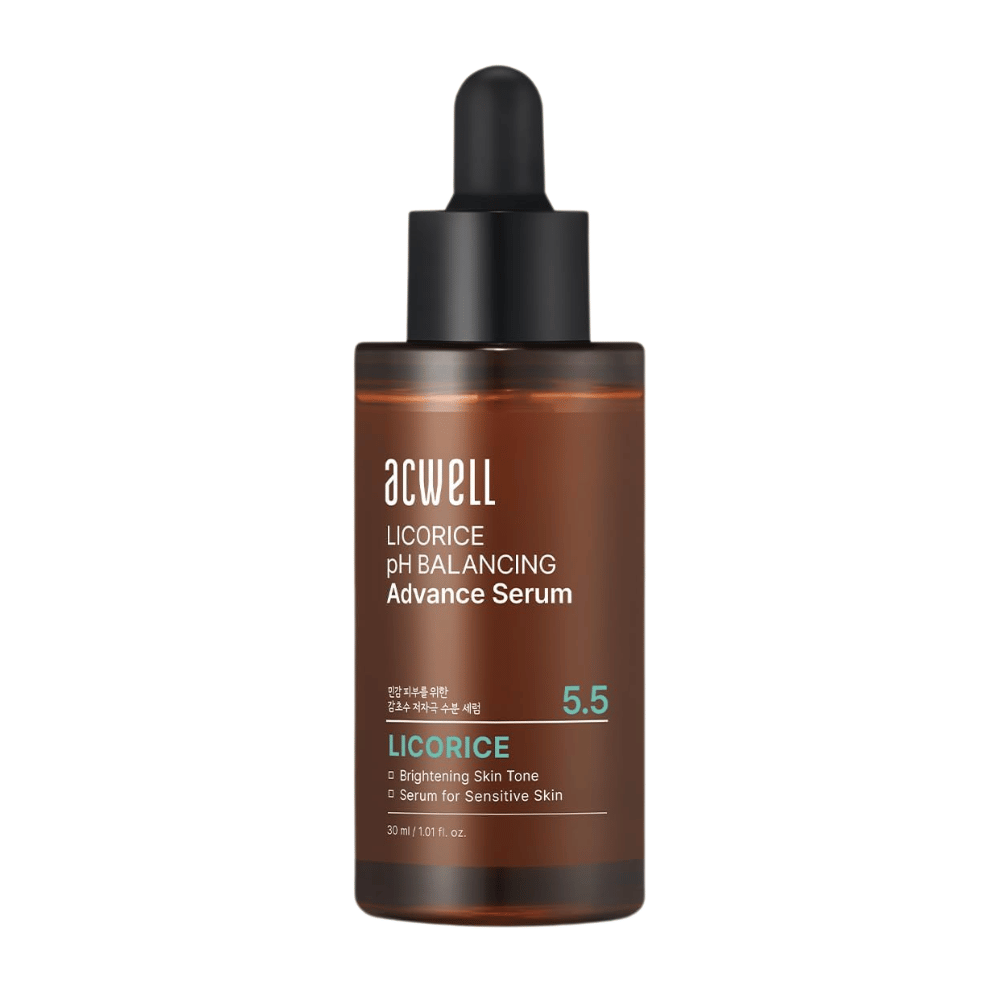Rent fritlagt produktbillede af Acwell Licorice pH Balancing Advance Serum på lys baggrund.