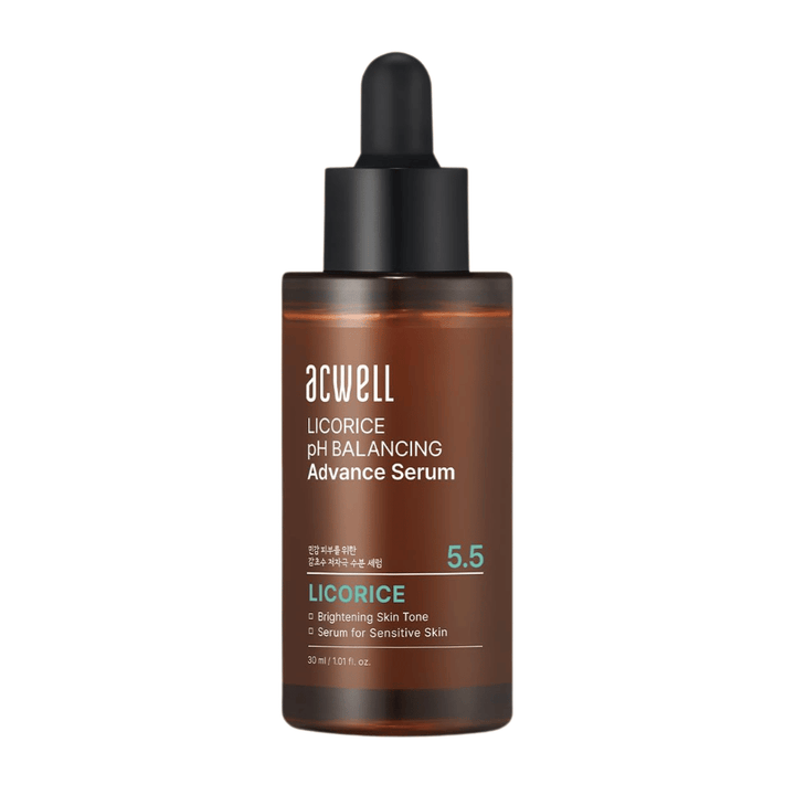 Rent fritlagt produktbillede af Acwell Licorice pH Balancing Advance Serum på lys baggrund.