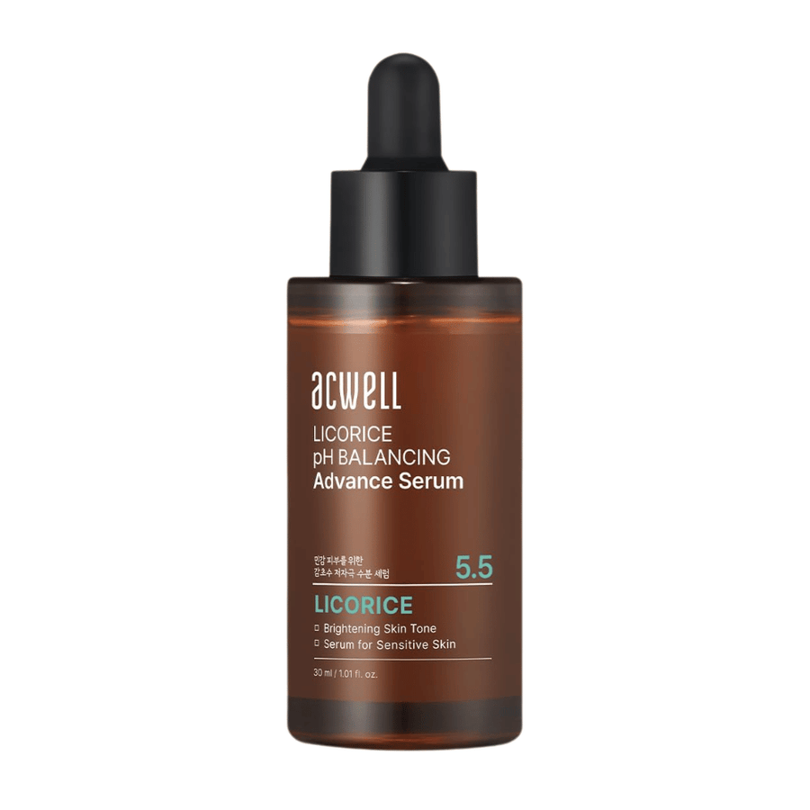 Rent fritlagt produktbillede af Acwell Licorice pH Balancing Advance Serum på lys baggrund.