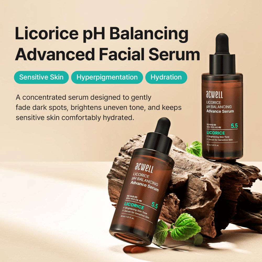Markedsføringsbillede for Acwell Licorice pH Balancing Advance Serum med fokus på sensitiv hud, hyperpigmentering og fugt.