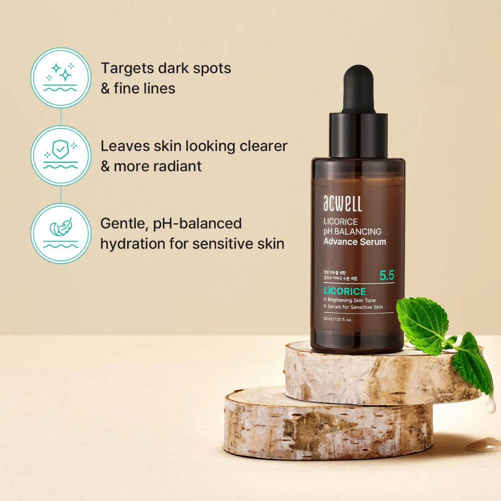 Produktbillede, der beskriver serumets fordele for mørke pletter, fine linjer og sensitiv hud med pH-balanceret fugt.
