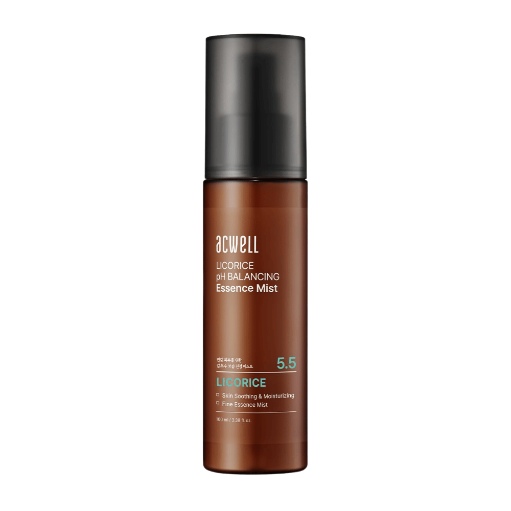 Produktbillede af Acwell Licorice pH Balancing Essence Mist i brun sprayflaske. Fugtgivende essence mist med lakridsekstrakt og hudbalancerende pH 5,5, som hjælper med at berolige og friske huden op.