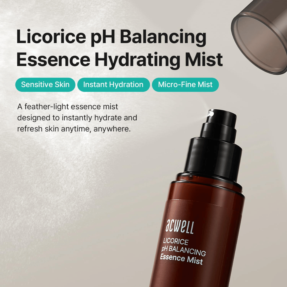 Acwell Licorice pH Balancing Essence Mist med fokus på sensitiv hud, intensiv fugt og mikrofint sprayteknologi. Opfriskende essence mist, som fugter huden når som helst i løbet af dagen.