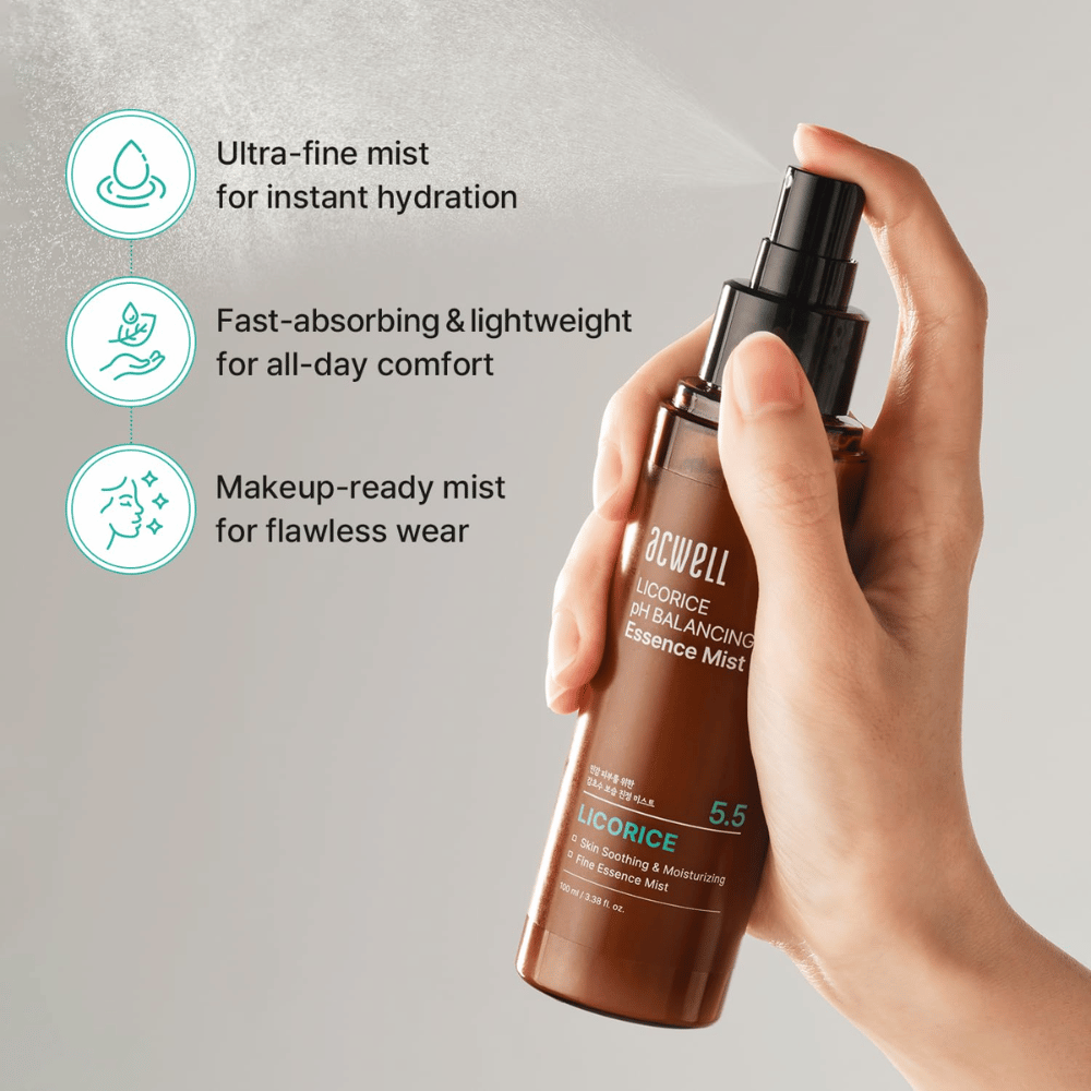 Acwell Licorice pH Balancing Essence Mist sprayes med fint fordelt mist. Let formel, som absorberes hurtigt, giver øjeblikkelig fugt og fungerer både med og uden makeup.