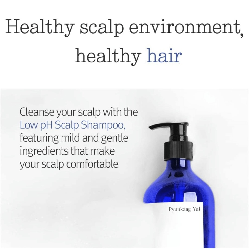 Informativt billede, der fremhæver Pyunkang Yul Low pH Scalp Shampoo og dens milde formel for et balanceret og sundt hovedbundsmiljø.
