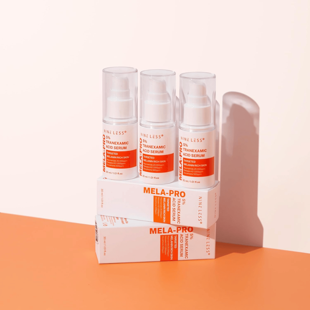 Tre NINE LESS MELA-PRO 5% Tranexamic Acid Serum 30 ml, lysnende serum med niacinamid og glutathione for melaninrig hud.