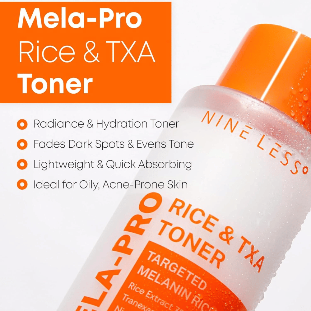 5. NINE LESS MELA-PRO Rice & TXA Toner – fugtgivende ansigtsvand, der hjælper med at mindske synligheden af mørke pletter og ujævn hudtone