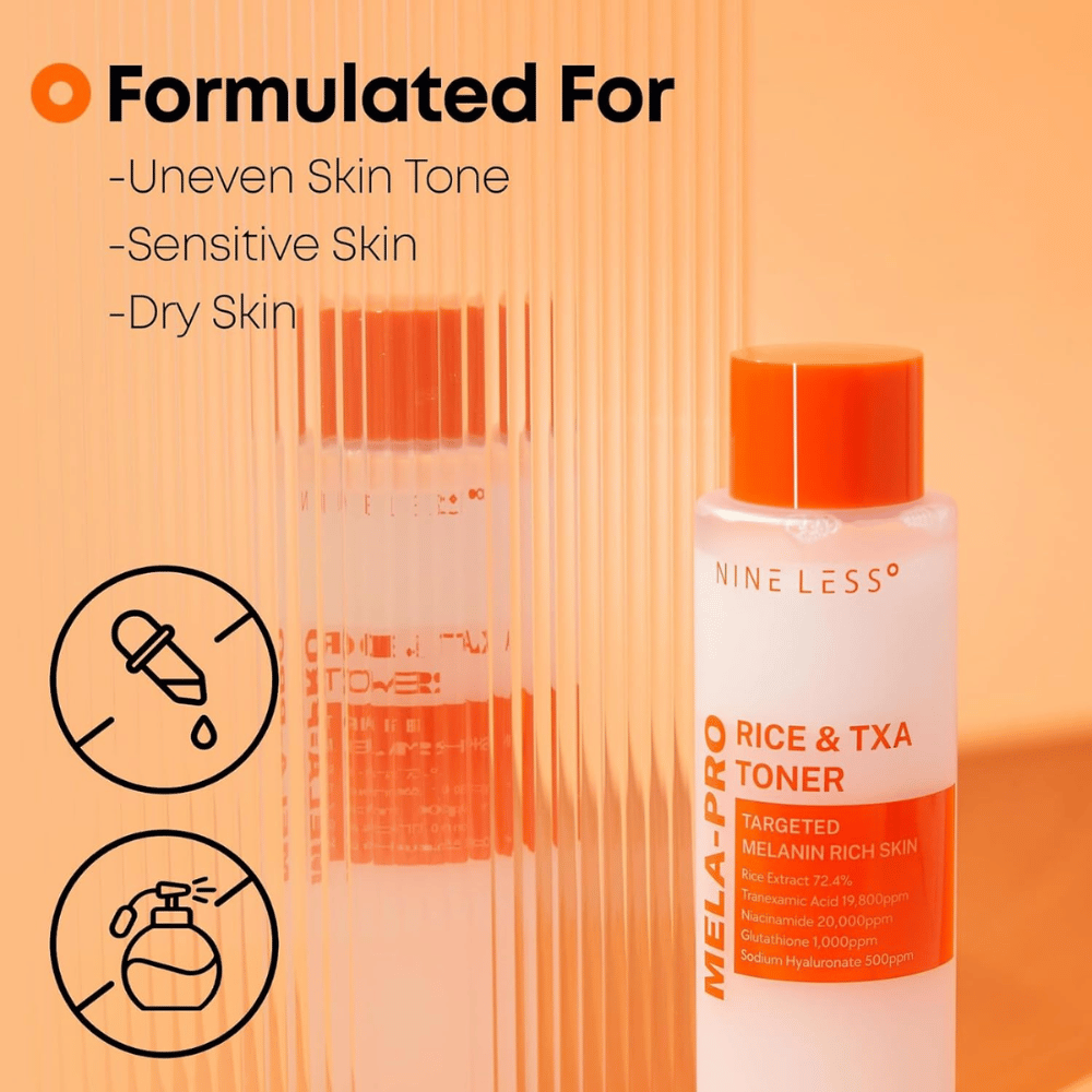 2. NINE LESS MELA-PRO Rice & TXA Toner – ansigtsvand til ujævn hudtone, sensitiv og tør hud med risekstrakt og tranexaminsyre