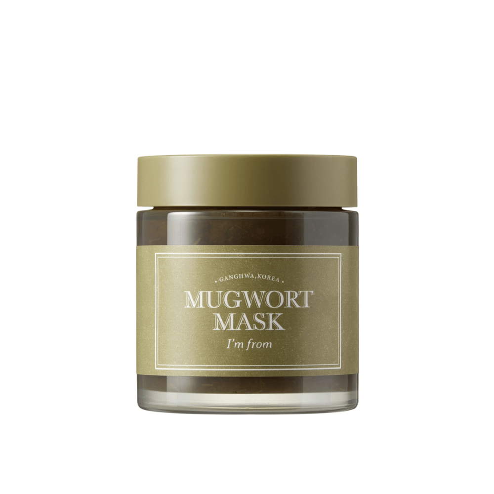 Produktbillede af I'm From Mugwort Mask – en grøn ansigtsmaske i glasbeholder med olivengrønt låg og etiket, fotograferet mod hvid baggrund.