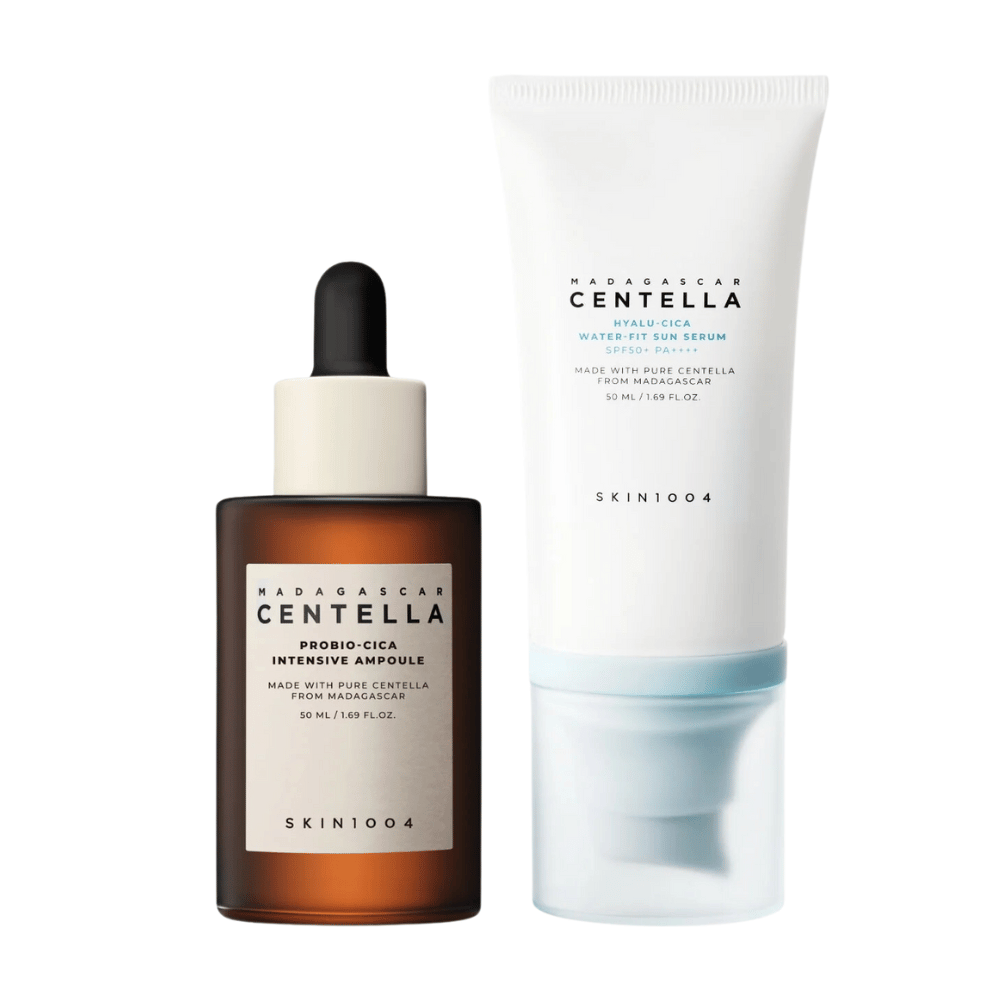 To hudplejeprodukter fra SKIN1004 vises: en ampul og et solbeskyttelsesserum, begge indeholdende centella fra Madagaskar.