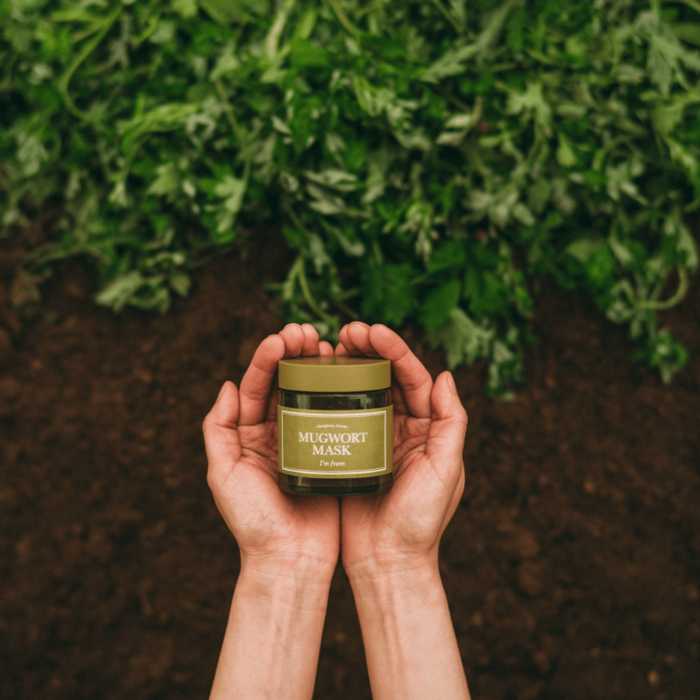Hænder, der holder I'm From Mugwort Mask mod en baggrund af jord og friske grønne urter, hvilket fremhæver produktets naturlige ingredienser.