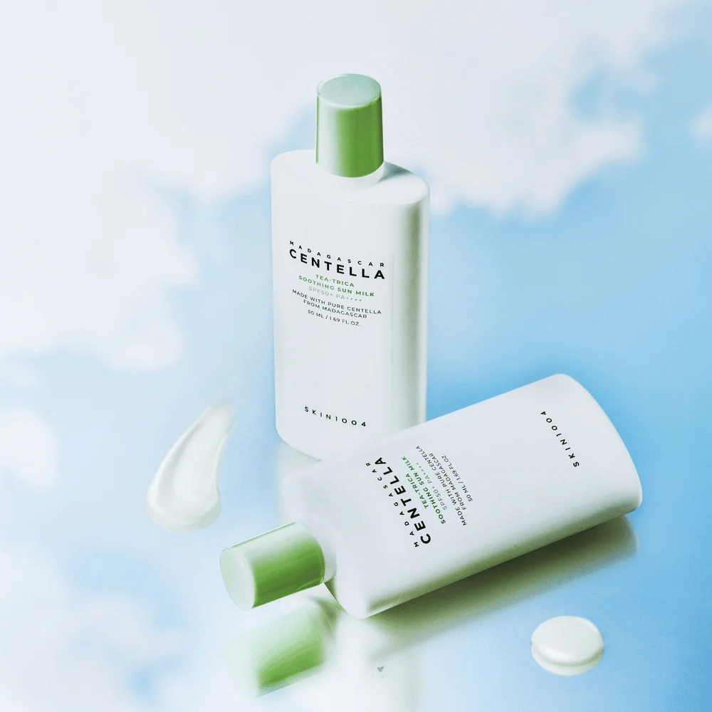 SKIN1004 Madagascar Centella Tea-Trica Soothing Sun Milk SPF50+ PA++++ fugtgivende kemisk solbeskyttelse til ansigtet