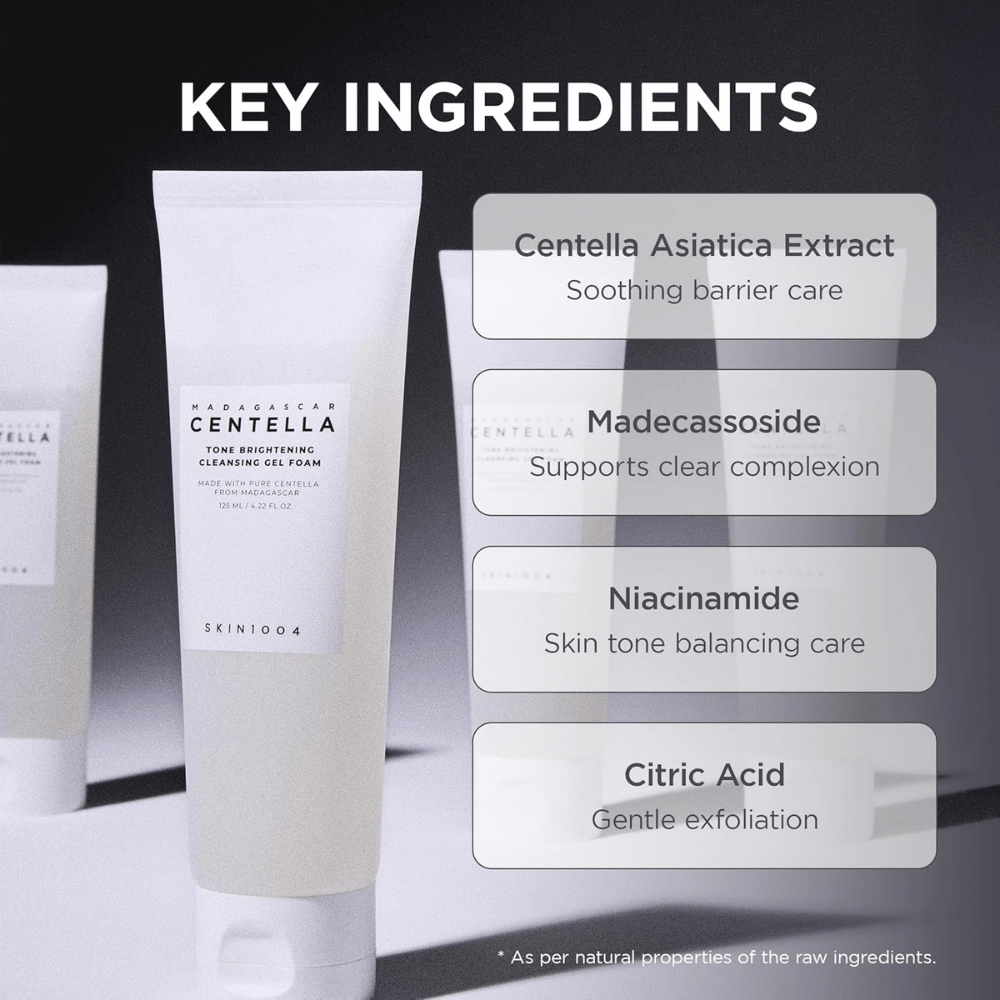Billede, der fremhæver produktets nøgleingredienser og deres funktioner. Ingredienserne præsenteres i et tydeligt og moderne layout med fokus på hudplejende og beroligende egenskaber.
