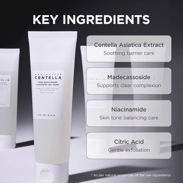 Billede, der fremhæver produktets nøgleingredienser og deres funktioner. Ingredienserne præsenteres i et tydeligt og moderne layout med fokus på hudplejende og beroligende egenskaber.