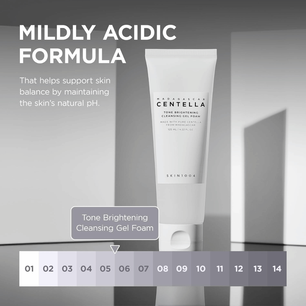 Informationsbillede, der beskriver produktets mildt sure (lave pH) formel. Billedet understreger, hvordan rensningen hjælper med at bevare hudens naturlige balance, samtidig med at huden renses effektivt.