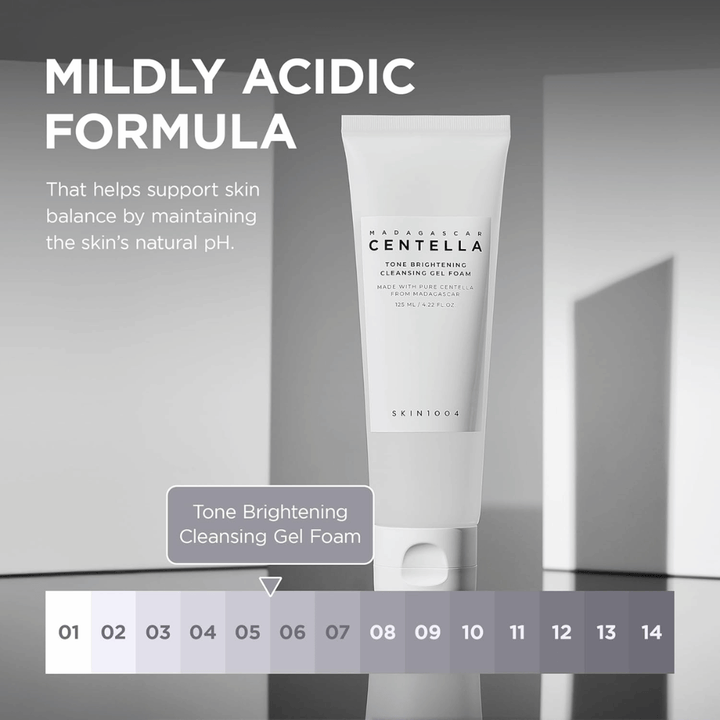 Informationsbillede, der beskriver produktets mildt sure (lave pH) formel. Billedet understreger, hvordan rensningen hjælper med at bevare hudens naturlige balance, samtidig med at huden renses effektivt.