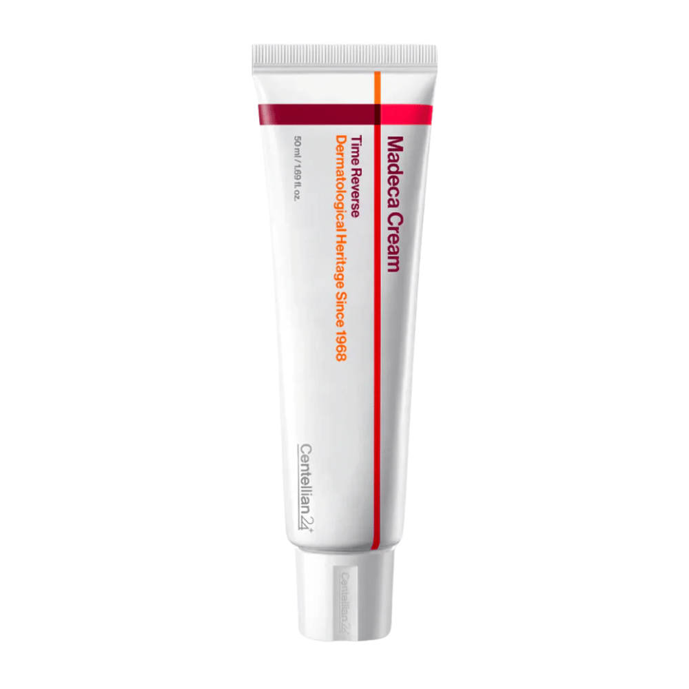Produktbillede af Centellian24 Madeca Cream Time Reverse i tube på hvid baggrund, en reparerende ansigtscreme med centella asiatica, som styrker hudbarrieren og passer til sensitiv hud.
