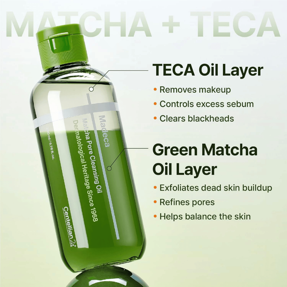 Centellian24 Madeca Matcha Pore Cleansing Oil med tofaseformel, der opløser makeup og talg