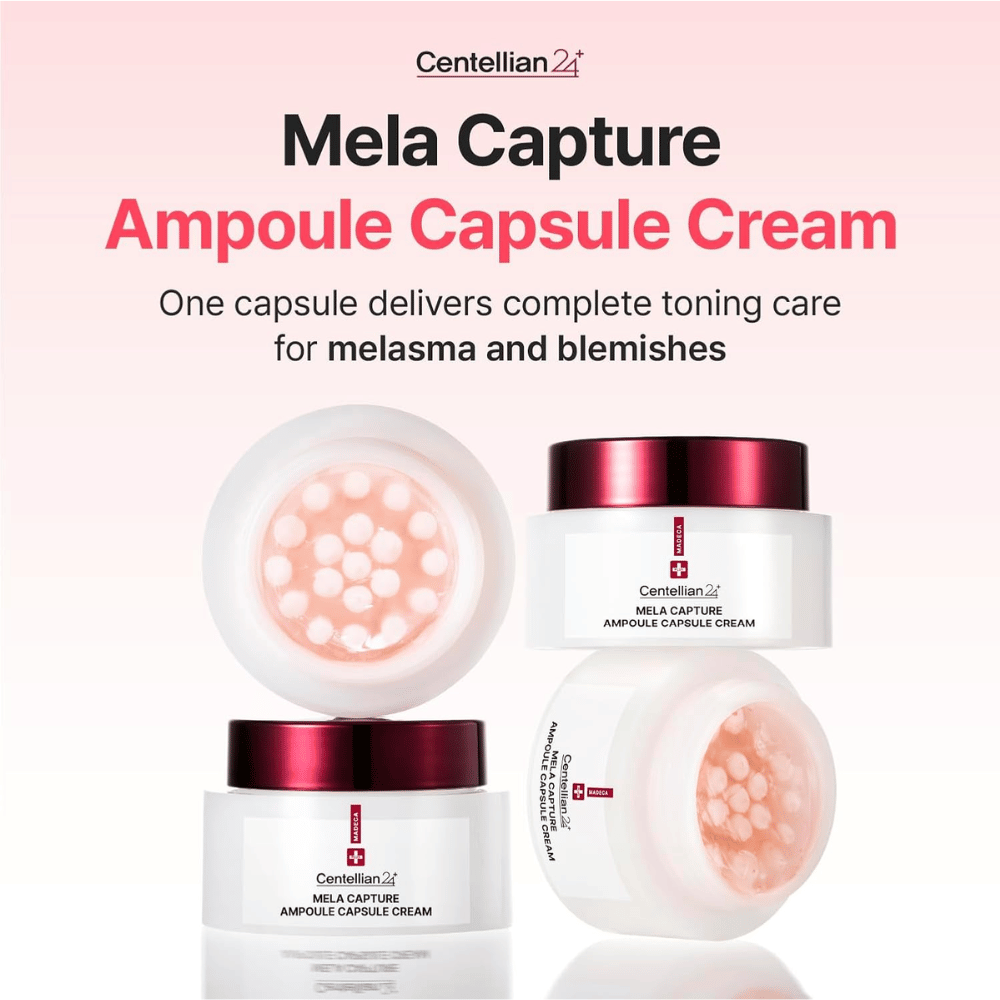 Produktbillede af Centellian24 Madeca Mela Capture Ampoule Capsule Cream med fokus på ampulkapsler og en formel udviklet til pleje af ujævn hudtone og pigmentering.