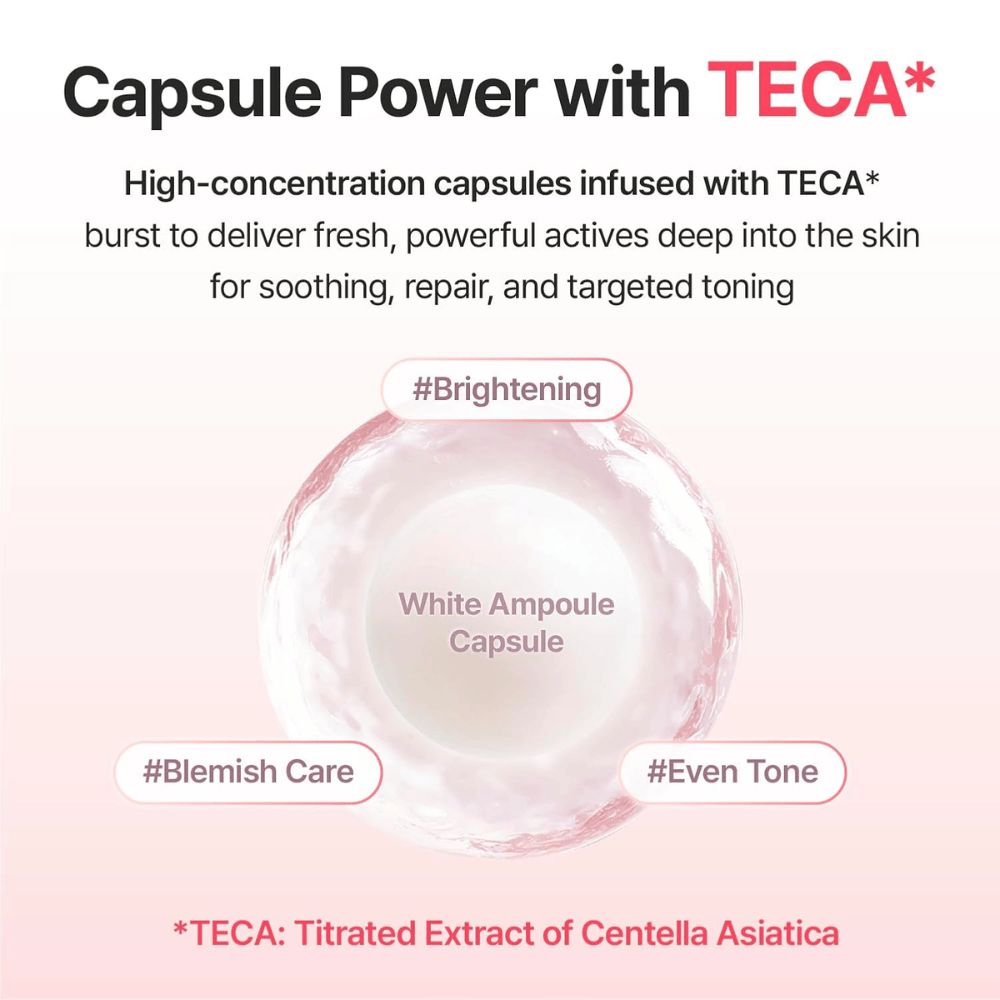 Ingrediensbillede, der viser ampulkapsler beriget med TECA (Centella Asiatica-ekstrakt) for at hjælpe med at give glød, en mere ensartet hudtone og pleje af pigmentpletter.