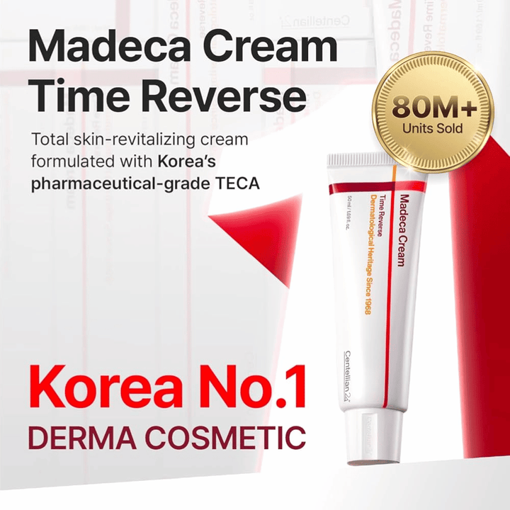 Centellian24 Madeca Cream Time Reverse præsenteres som Koreas førende derma-creme med TECA, over 80 millioner solgte enheder og fokus på hudfornyelse og barriereforstærkning.