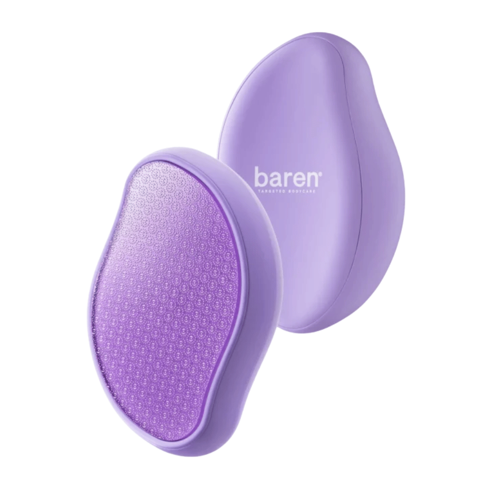 3. Baren Magic Glass Stone Foot File – for- og bagside af lilla fodfil med slibeflade til at gøre tørre og ru fødder blødere