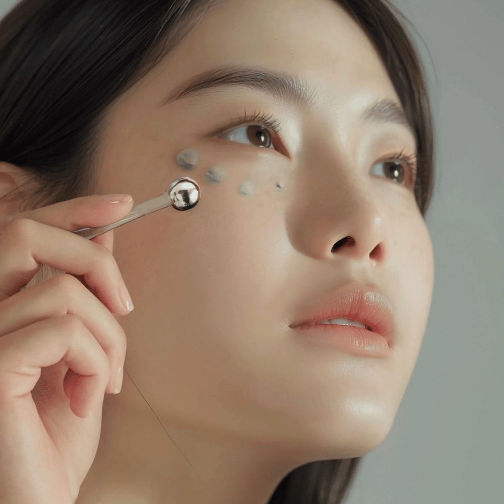Kvinde påfører Heimish Marine Care Algae + Peptide Eye Cream under øjet med en metalapplikator for en kølende og opfriskende effekt. Cremen hjælper med at fugte og reducere alderstegn omkring øjnene.