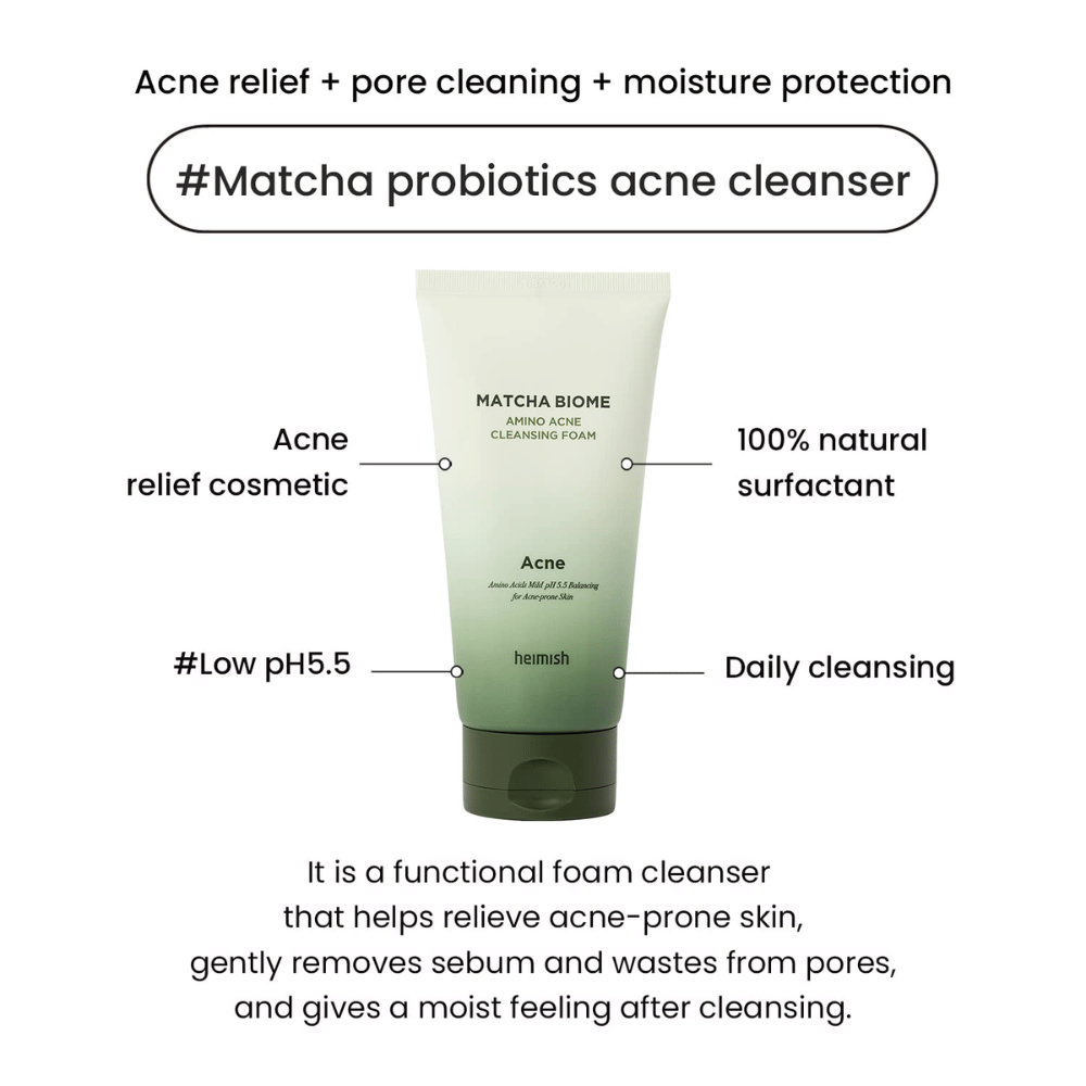 Heimish Matcha Biome Amino Acne Cleansing Foam low pH 5.5 – akne-rens som renser porer, reducerer talg og fugter huden