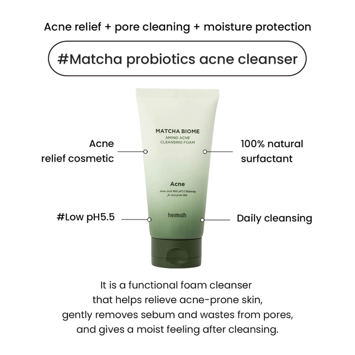 Heimish Matcha Biome Amino Acne Cleansing Foam low pH 5.5 – akne-rens som renser porer, reducerer talg og fugter huden
