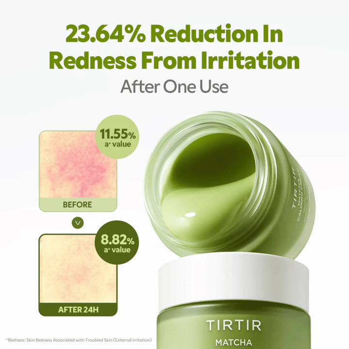 TIRTIR Matcha Calming Cream med ceramider, panthenol og peptider, som fugter, styrker hudbarrieren og forbedrer hudens elasticitet.
