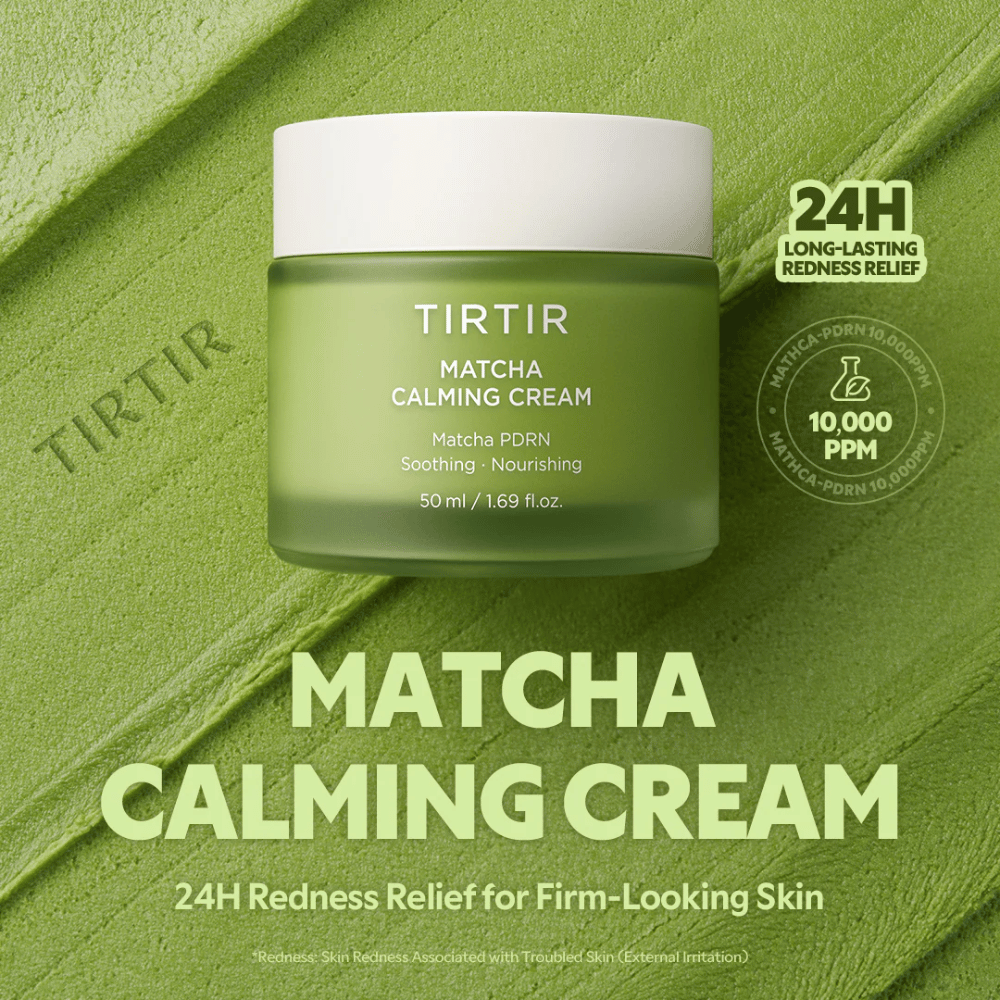 TIRTIR Matcha Calming Cream med ceramider, panthenol og peptider, som fugter i dybden, styrker hudbarrieren og forbedrer elasticiteten.