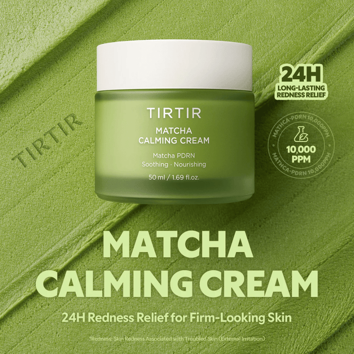 TIRTIR Matcha Calming Cream med ceramider, panthenol og peptider, som fugter i dybden, styrker hudbarrieren og forbedrer elasticiteten.