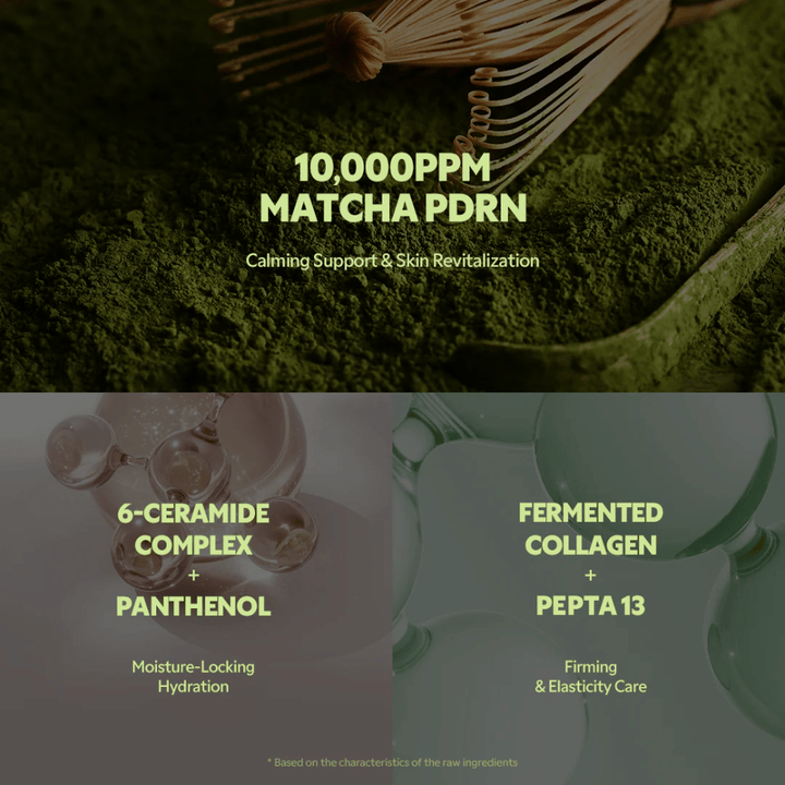 Matcha PDRN 10.000 ppm i TIRTIR Matcha Calming Cream som beroliger irritation, styrker huden og giver en revitaliserende effekt.