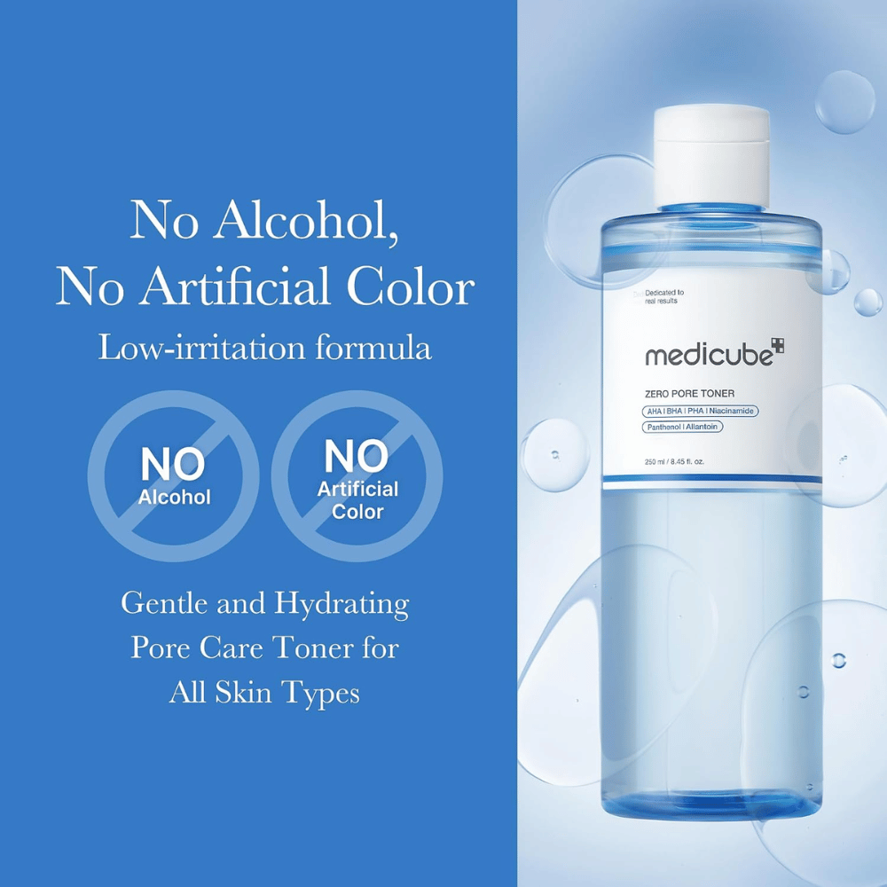 Medicube Zero Pore Toner 250 ml, fugtgivende ansigtstoner uden alkohol og kunstige farvestoffer. Blå flaske med vandbobler.