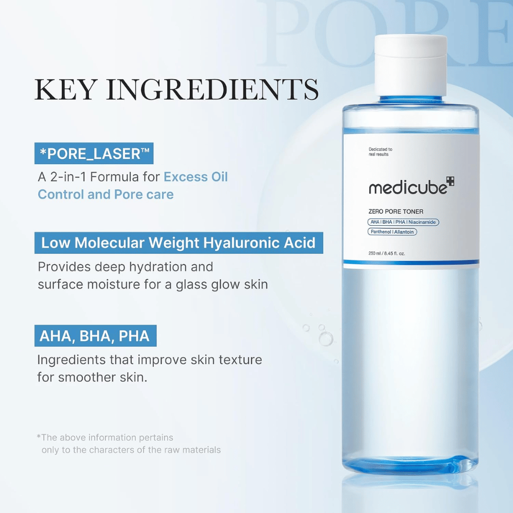 Medicube Zero Pore Toner med AHA, BHA, PHA og hyaluronsyre. Ingrediensoversigt til fugt, mere ensartet hudstruktur og porer.