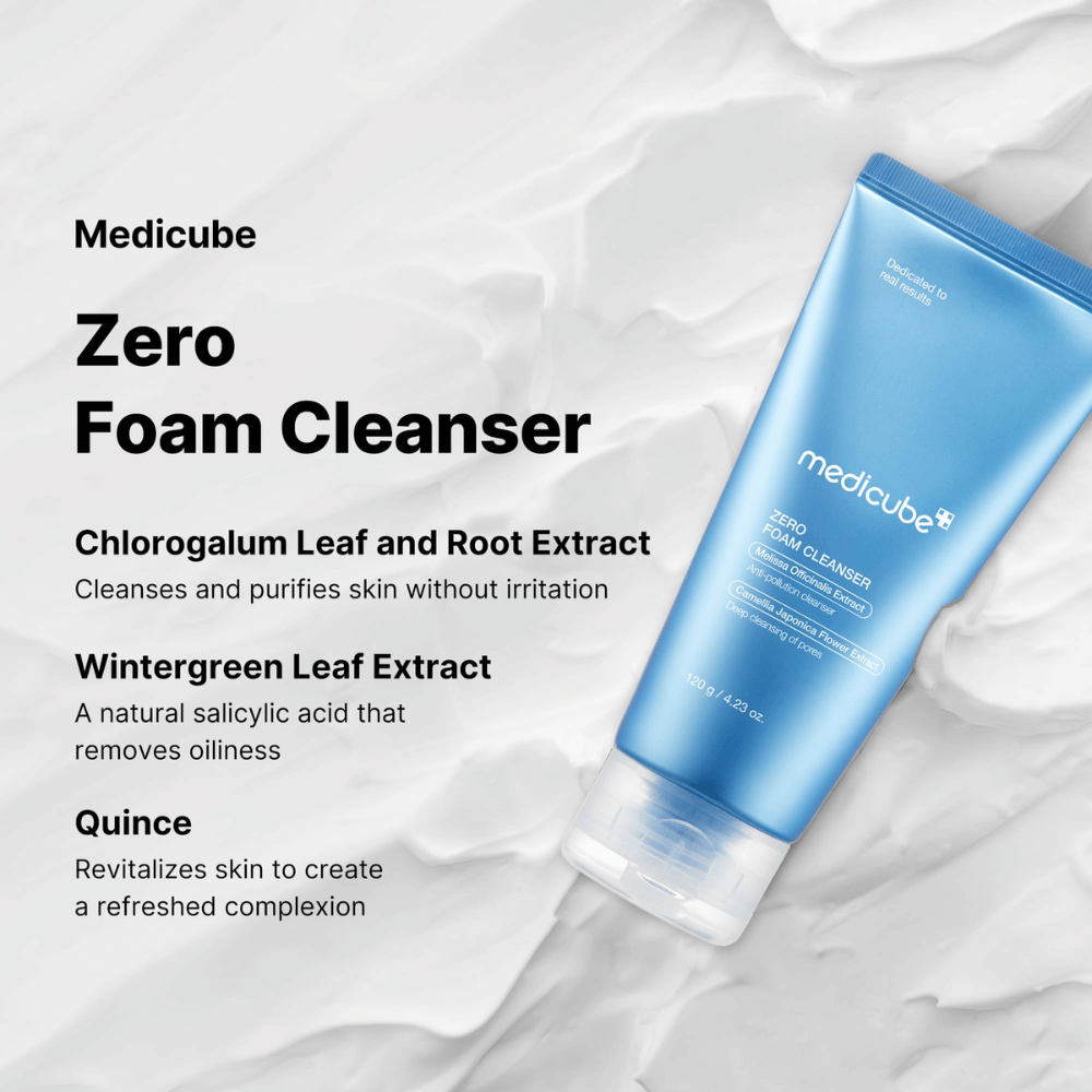 Medicube Zero Foam Cleanser – en skånsom og dybderensende ansigtsvask.

🌿 Chlorogalum-ekstrakt – Renser og renser huden uden irritation.
🍃 Wintergreen-ekstrakt – Naturlig salicylsyre, der balancerer olieproduktionen.
🍏 Kvædeekstrakt – Genopliver huden og giver en frisk glød.

Perfekt til en ren, balanceret og opfrisket hud!