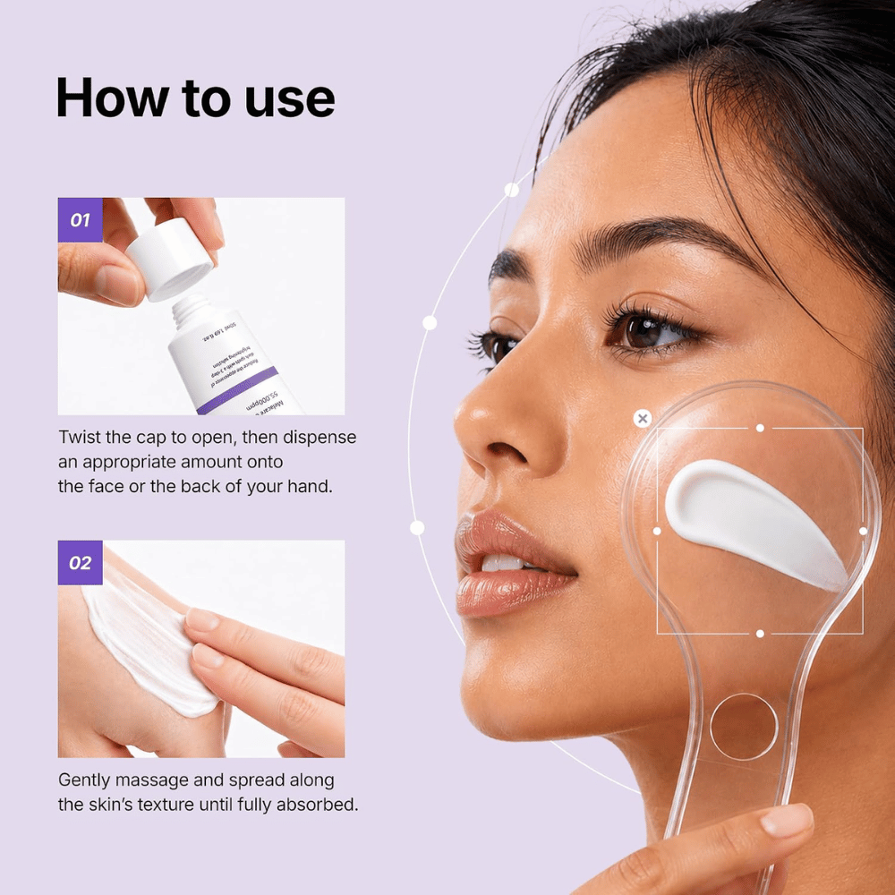 1. Genabelle Melacare Intensive Cream – påføring af ansigtscreme for en mere ensartet hudtone og mindre synlige pigmentpletter