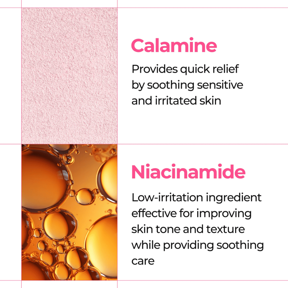Nærbillede af calamine og niacinamide, der beroliger sensitiv hud i Dr. Melaxin Melting Cleanser