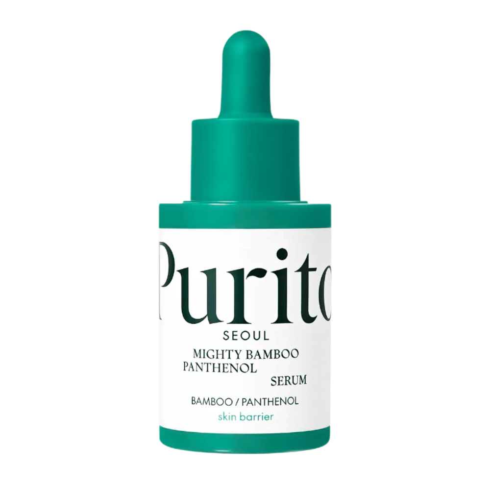 Purito Mighty Bamboo Panthenol Serum – minimalistisk grøn flaske med plejende serum til følsom og tør hud.