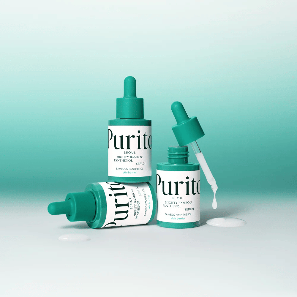 Tre flasker Purito Mighty Bamboo Panthenol Serum – fugtgivende serum, der styrker hudbarrieren og giver en frisk glød.