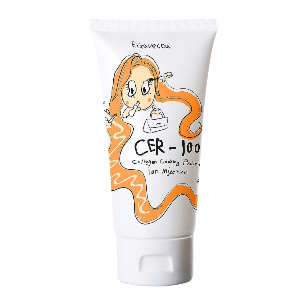 Produktbillede af Elizavecca CER-100 Collagen Coating Protein Ion Injection med illustreret design og orange detaljer.