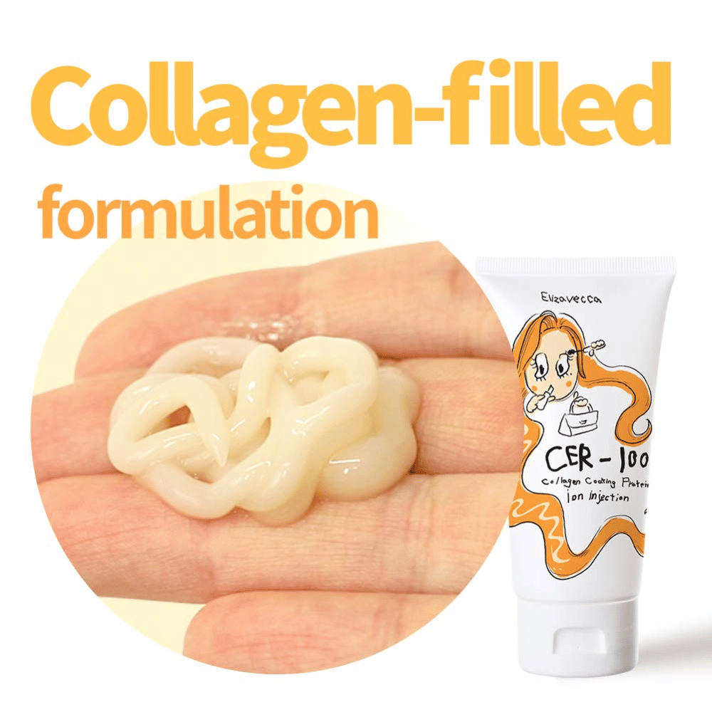 Nærbillede af cremet hårbehandling med kollagenformel sammen med produkttube fra Elizavecca.