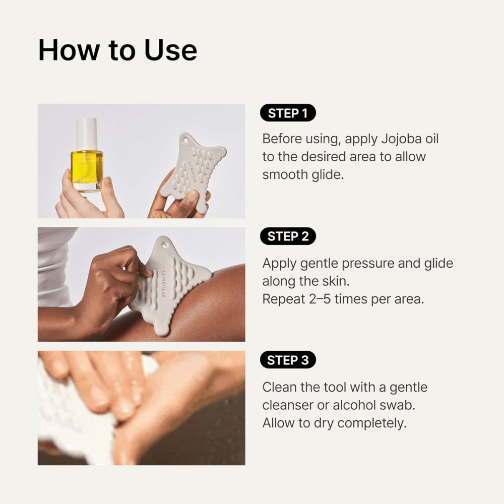 Instruktionsbillede, der viser, hvordan RETURNITY Mini Guasha bruges sammen med jojobaolie til smidig massage og rengøring efter brug.