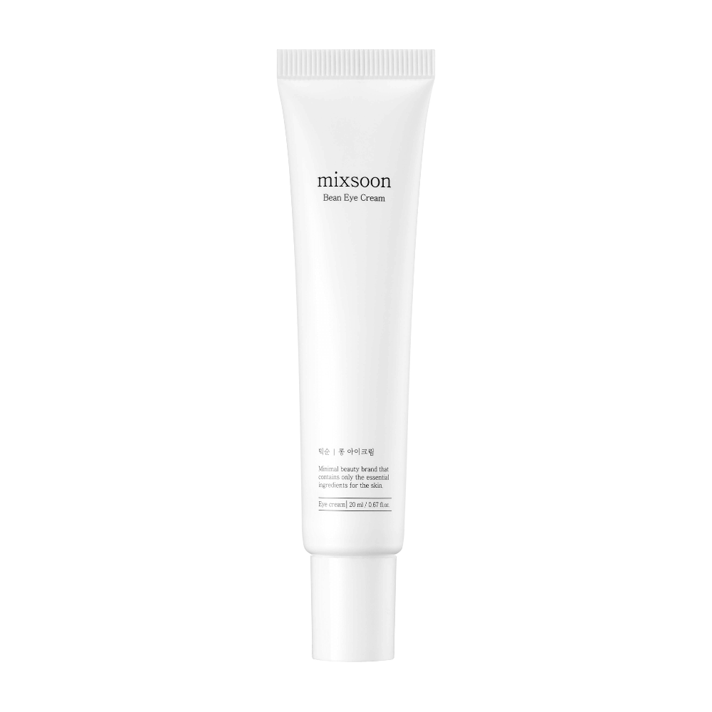En hvid tube øjencreme fra Mixsoon, mærket 'Bean Eye Cream', mod en helt hvid baggrund.