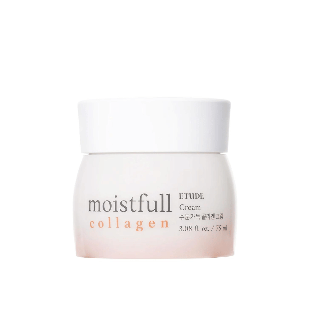 En dåse med "Moistfull Collagen Cream" fra ETUDE, hvid baggrund.