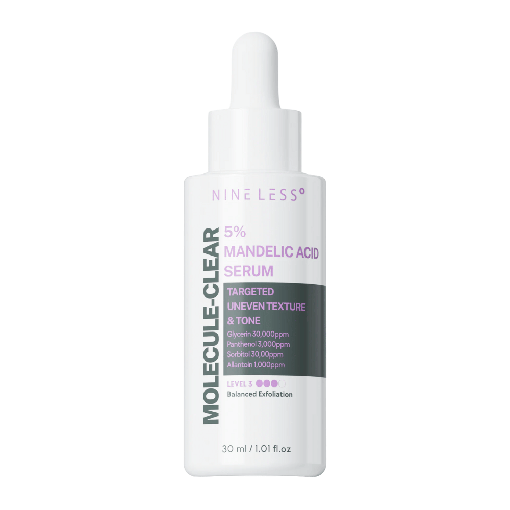 Nine Less Molecule-Clear 5% Mandelic Acid Serum i hvid flaske med pipette, formuleret til følsom hud og balanceret eksfoliering af ujævn hudtone og tekstur.