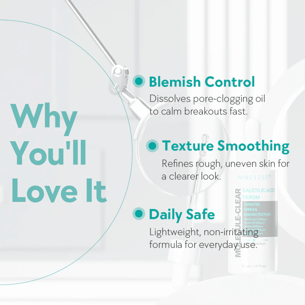 Fördelar med Nineless Molecule-Clear Salicylic Acid Serum: kontrollerar finnar genom att lösa upp porer, jämnar ut hudens textur och är säker för daglig användning.